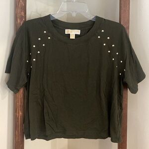 Michael Kors Dark Green Tee with Pearl Details